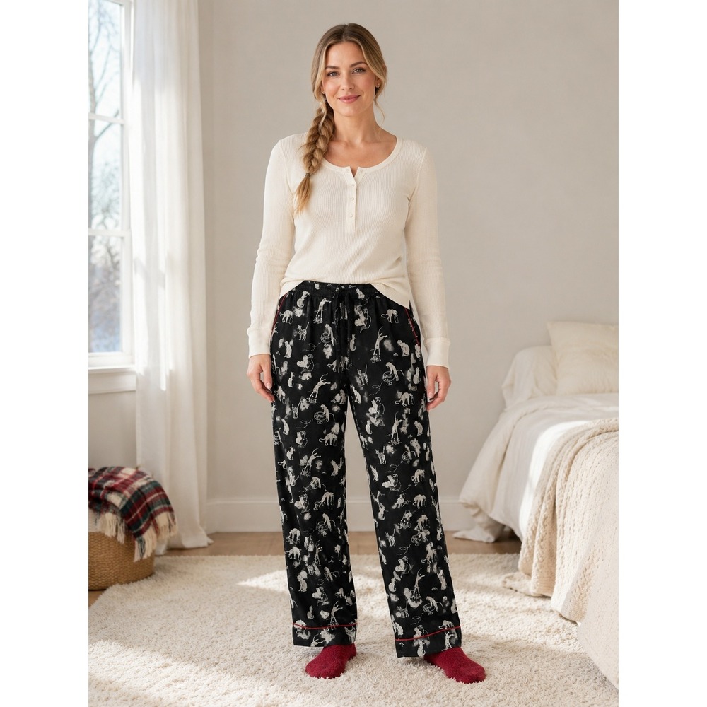 Whimsigoth Steinlen Cats The Met Cotton Red Piping Pockets Lounge PJ Pants